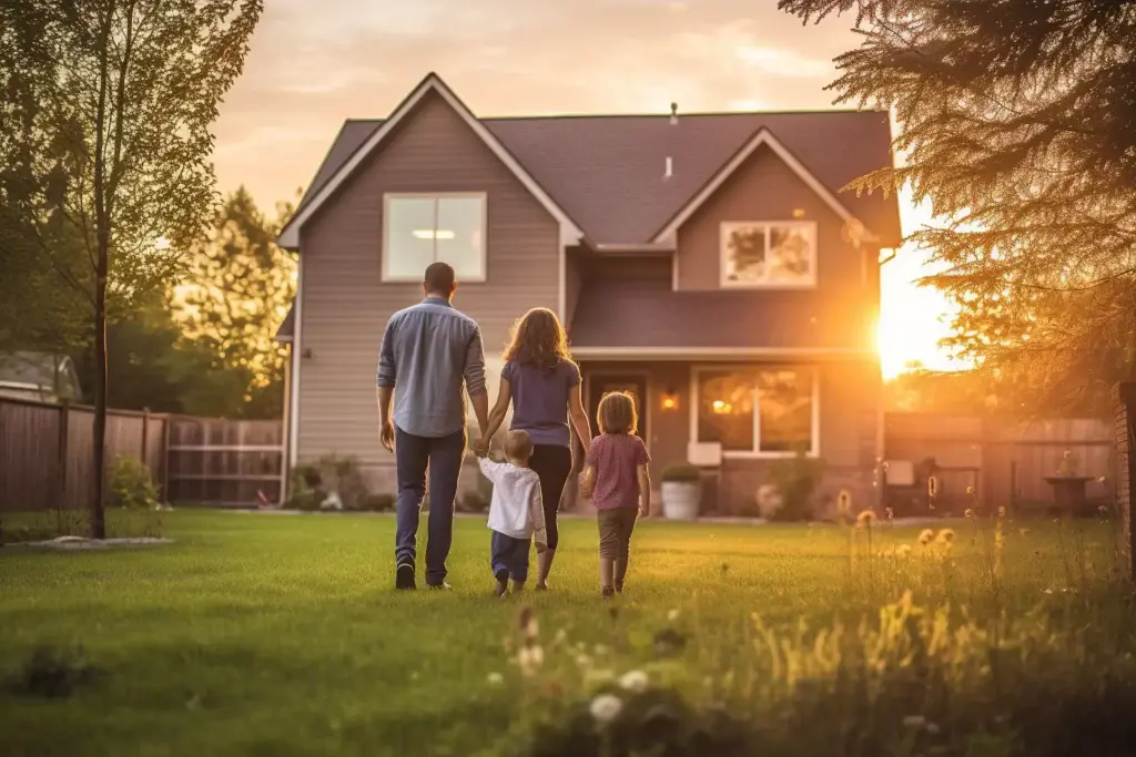 family standing in front of house
